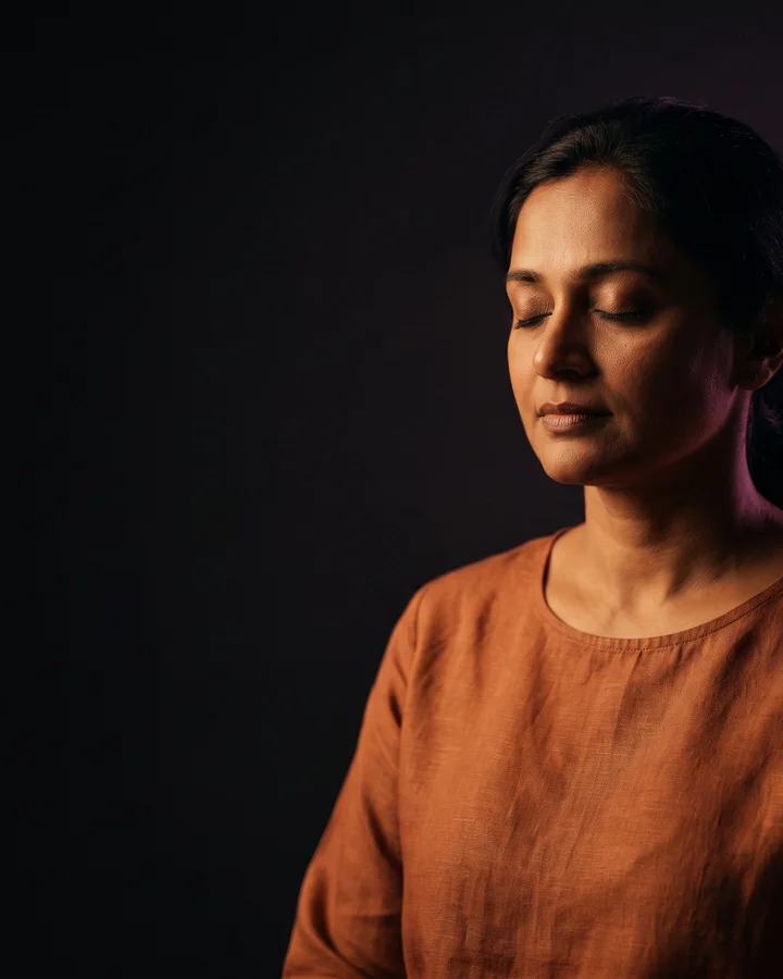 Indian woman practicing gentle wellness movement for online PCOS, PCOD, and hormonal health care
