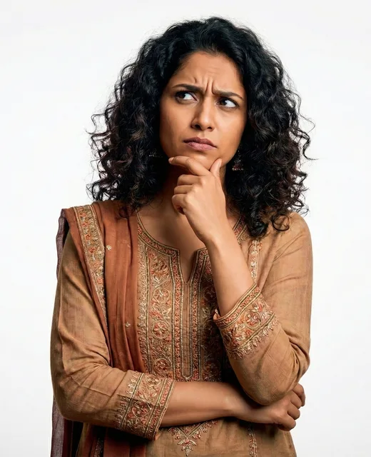 Indian woman in a thoughtful, reflective pose — considering her PCOS and PCOD questions